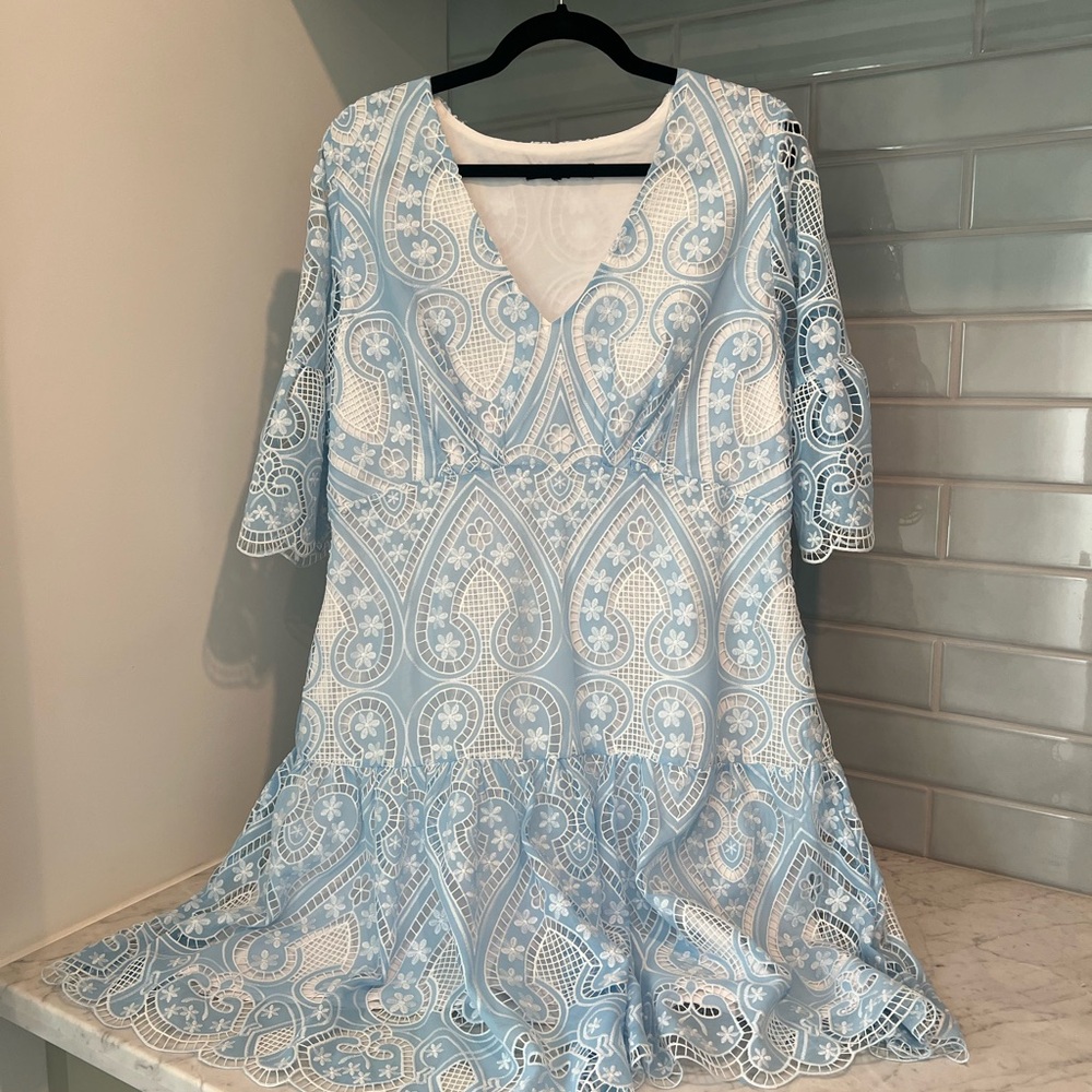 Boston Proper Light Blue and White Lace Fit-and-Flare Dress